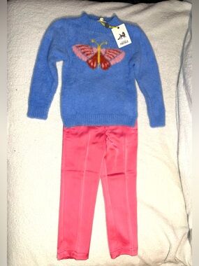 Finding Foxtale fuzzy knit butterfly sweater and pink satin pants, sz 4, NWT